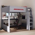 Flair Furnishings Wooden High Sleeper Beds for Kids, Single Gaming Bed with Desk and LED Lighting, Heavy Duty and Sturdy, Space-Saving Design (Grey)