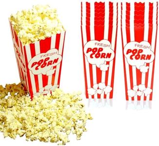 15 Movie Night Popcorn Paper Boxes Buckets 7.75 Inches Tall Large & Holds 46 Oz Old Fashion Vintage Retro Party Design Red & White Colored Nostalgic Carnival Stripes Bags & Tubs various qty avail