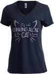 It's Not Drinking Alone if Cat is Home | Funny Joke Fun V-Neck T-Shirt for Women-(Vneck,L) Vintage Navy