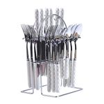 MGeezz Stainless Steel Spoons, Forks & Knives Set of 24 with Stand and Ceramic Handle (Block Print)