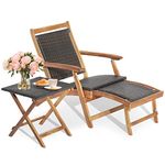 Tangkula Patio Lounge Chair with Retractable Ottoman & Armrest and Side Table Set, Wicker Furniture Folding Table and Chair Set, Acacia Wood Outdoor Chaise Lounger Seating for Garden, Backyard