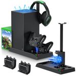 Charging Stand with Cooling Fan for Xbox Series X Console & Controller,Vertical Dual Charger Station Dock Accessories with 2x 1400mAh Rechargeable Battery & Cover,Headset Stand & 10 Game Slots (Black)