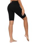 FLAVOFIIT 10" Biker Shorts for Women with Pockets, High Waisted Yoga Workout Gym Leggings Short Black