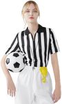 FitsT4 Women's Referee Shirt 3 Pcs Referee Uniform with Yellow Penalty Flag Whistle Zippered Collar Official Short Sleeve Ref Jersey T Shirt Black & White Stripe for Refs, Waitresses & Costume