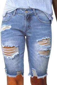 Sidefeel Women's Bermuda Shorts Stretchy Ripped High Rise Summer Jeans Cutoff Denim Shorts Iceland Blue Size 8