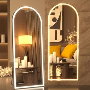 Pertetey 81x34 Inch LED Arched Full Length Mirror with Lights, Black Frame Dimmable & 3 Color Modes LED Full Body Dressing Standing or Wall Mounted Long Mirror