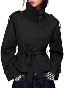 Maohao Women's Cropped Trench Coat Double Breasted Short Jacket High Collar Fall Winter Coats Trendy Outfit with Belt(Black,XL)