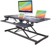 Rocelco 46" Electric Standing Desk Converter with AC Outlet USB Charger - Motorized Height Adjustable Sit Stand Up Triple Monitor Riser - Tabletop Workstation Large Keyboard Tray - Black (R EDRB-46)