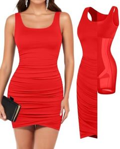 Popilush Ruched Dress for Women Shapewear Dress Red Sleeveless Dress Crew-Neck Short Dress for Women Cocktail Evening 3XL