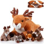 Poen 5 Pcs Deer Stuffed Animal Set 16 Inch Mommy Deer Plush with 4 Cute Little Deer in Her Zippered Tummy Soft Cuddly Elk Plush for Boys Girls Birthday Gifts Christmas Woodland Party Favor Decors