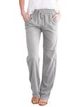 UMIPUBO Womens Straight Leg Jogger Trousers Cotton and Linen Full Length Casual Full Elasticated Waist Bottoms Summer Drawstring Pants (Grey, S)