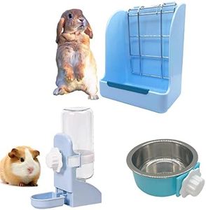 Mcgogo Guinea Pig No Drip Water Bottle and Food Bowl Rabbit Hay Feeder ，Hanging Automatic Rabbit Water Bowl and Food Bowl Guinea Pig Feeder for Small Animal Cage