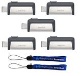 SanDisk Ultra 32GB Dual Drive USB Type-C (Five Pack Bundle) Works with Smartphones, Tablets, and Computers (SDDDC2-032G-G46) Plus (2) Everything But Stromboli (TM) Lanyard