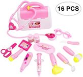 DesignerBox Doctor Kit for Kids with Electronic Stethoscope, 16 PCS Mini Pretend-n-Play Medical Toys Set Doctor Tools Toy Nurse Kit in Pink Durable Gift Case for Toddlers Girls and Boys Birthday Gift