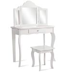 GYMAX Kids Vanity Table Set, Wooden Girls Dressing Table with Stool, Tri-folding Mirror & Drawer, 2 in 1 Children Makeup Dresser for Bedroom (White)