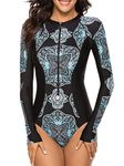 American Trends Womens Long Sleeve Rash Guard UV Protection Zipper Floral Printed Surfing One Piece Swimsuit Bathing Suit Black S