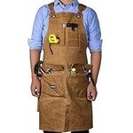 Woodworking Shop Apron,16 OZ Waxed Canvas Tool Apron for Men & Women, Work Apron with Cross-Back Straps,Adjustable M to XXL (Brown)