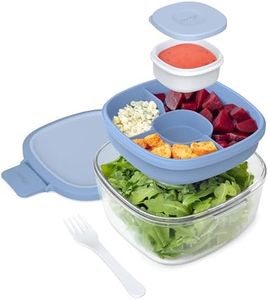 Bentgo® Glass All-in-One Salad Container - Large 61-oz Salad Bowl with Lid, 4-Compartment Bento-Style Tray, 3-oz Sauce Container, and Reusable Fork - Dishwasher, Microwave, and Oven Safe (Light Blue)