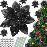 Serwalin 20pcs Christmas Flowers 14cm/5.5in Black Christmas Decorations Christmas Tree Ornaments Artificial Poinsettia Glitter Xmas Wedding Party Wreath Garlands DIY