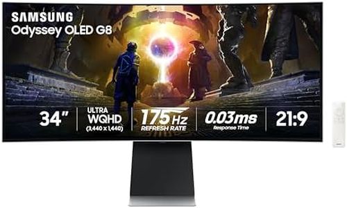 Samsung 34-Inch Odyssey QD-OLED G8 (G85SD) Series 4K Ultra-QWHD G-Sync Compatible Curved Gaming Monitor, 175Hz 0.03ms, Glare-Free Display, AMD FreeSync™ Premium Pro,Ergonomic Stand,LS34DG856SNXZA,2024