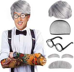 Beelittle Old Man Mad Scientist Wig Set Grandpa Costume - Wig, Eyebrows, Mustache, Glasses Set (A)