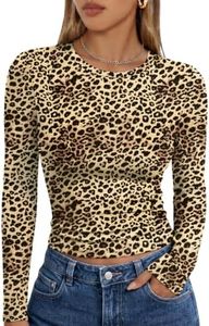 Trendy Queen Womens Long Sleeve Shirts Fall Fashion 2025 Basic Crop Tops Going Out Workout Outfits Y2k Clothes Leopard XS