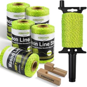 Konvixon Mason String Line, 6 Rolls 540FT #18 Braided Mason Line with Reel,1.6mm Fluorescent Yellow Dual-Color High Visibility,Nylon String Line with 2 Beech Wood Line Blocks for Masonry Gardening DIY