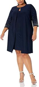 Alex Evenings Women's Short Embroidered Elongated Mock Jacket Dress, Navy Beaded, 12 Petite