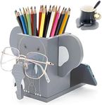 4 in 1 Elephant Pen Pencil Holder with Phone Stand, Handmade Wooden Pencil Cup with Coasters, Makeup Brush Holder with Eyeglass Holder Stand, Cute Desk Accessories for Office School Home decor