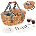 Wicker Cooler Picnic Basket Set for 2 with Double Wooden Lids & Handles, Country Style Insulated Cooler Bag with Cutlery Service Kits, Willow Picnic Hamper Basket W/Lining for Camping, Party, Wedding