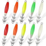 Luminous Squid Jigs Lures Cuttlefish Sleeve Saltwater Fishing Lure Bait Glow in Dark Shrimp Prawn Octopus Bait Head Hooks Stainless Steel Squid Hooks (5 Color mixed-10pcs)