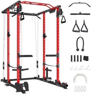 GaveeLife Power Cage, 2000 LBS Power Rack with Cable Cross-Over System, Multi-Functional Strength Training Squat Rack with LAT Pull Down System, Home Gym Equipment with Training Attachment, Red