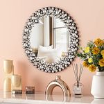 SHYFOY 18" Round Wall Mirror for Living Room Decor,Silver Jeweled Mirrors Wall Decorative Modern Make-up Mirror Crystal Accent Mirror for Bathroom Fireplace Bedroom Vanity Mirror