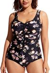 DELIMIRA Women's One Piece Bathing Suit Plus Size Swimsuit Tummy Control Front Zipper Swimwear Flowers in Full Bloom 18