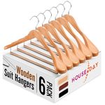 HOUSE DAY 6 Pack Wooden Suit Hangers - with Non Slip Rolling Crossbar Wooden Coat Hangers,Extra Wide Shoulder Hangers for Clothes with 360°Swivel Hook,Heavy Duty Hanger for Jacket,Garments(Natural)