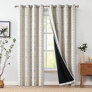 jinchan Full Blackout Boho Curtains 96 Inch Length for Bedroom Blue on Beige Geometric Printed Grommet Top Room Darkening Thermal Insulated Window Drapes 2 Panels…