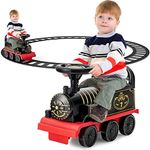 HONEY JOY Ride on Train Track, 6V Electric Ride on Train with Tracks, Storage Seat, Flashing Lights & Music, Backrest, Anti-tilt Device, Battery Powered Ride on Toys for Boys & Girls