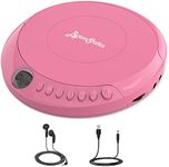 ByronStatics Portable Disc CD player, Personal Walkman Music Anti-Skip Shockproof Protection, Lightweight, Headphones Jack, Powered DC or 2XAA Battery - Pink