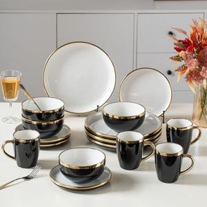 Ceramic Dinnerware Sets for 4, 16-Piece Contrast Plates and Bowls Set with Gold Rim, Crack Resistant | Dishwasher & Freezer Safe Dinnerware Set, Service for 4 (Black)