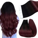 Ugeat Tape in Hair Extensions Human Hair Burgundy Remy Tape in Extensions for Women Black Ombre Burgundy Seamless Tape in Human Hair Extensions Natural 14inch 20Pcs 40G