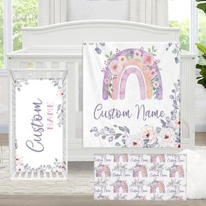 KAINSY Custom Crib Bedding Set for Baby, 3 Pcs Personalized Baby Crib Set with Baby Name, Purple Rainbow Baby Bedding Set, Nursery Bedding Set for Baby Girls, Customized Gifts for Kid Toddler Infant