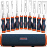 Presch Wood Chisel Set 10 pcs. incl. Bag (6, 10, 12, 16, 18, 20, 24, 26, 32 & 38 mm) - Fully Polished for immediate use - for Professionals with a 25° Angle and Robust Metal Striking Cap