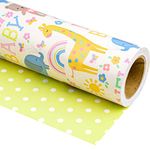 WRAPAHOLIC Reversible Baby Shower Wrapping Paper - Mini Roll - 17 Inch x 33 Feet - Animals & New Baby Design for Birthday, Holiday, Party