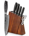 XINZUO 7PC Damascus Steel Knife Block Sets, Professional High Carbon Steel Chef Knife Santoku Slicing Utility Fruit Knife with Multifunctional Kitchen Shears,Ergonomic Pakkawood Handle - Ya Series