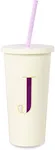 kate spade new york Insulated Initial Tumbler with Reusable Straw, 20 Ounce Acrylic Travel Cup with Lid, J (Purple)