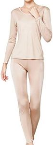 METWAY Women's Silk Long Johns |V-neck Silk Thermal Underwear Sets|Winter Silk Long Underwear, Beige, X-Large