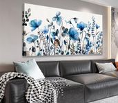 VEAEE Floral Wall Art, Abstract Indigo Flowers Canvas Pictures, Living Room Wall Decor, Modern Landscape Painting, Botanical Grass Artwork for Bedroom Bathroom Kitchen Office Wall Decor 50x100 CM