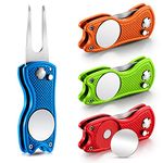 4 Pieces Golf Repair Tool Stainless Steel Foldable Golf Divot Tool Magnetic Golf Pop up Button Tool Golf Ball Marker (Red, Blue, Lime Green, Orange)