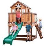 Backyard Discovery Echo Heights Elevated Cedar Playhouse – Kids Outdoor Play Kitchen, 6 ft. Wave Slide, Wrap-Around Deck, Battery-Powered Blender, Growth Chart, ASTM Certified, Ages 3–8
