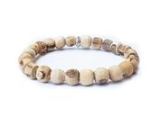 EDMIRIA Holy White Tulsi Round Raw Rough Beads Radha Krishna Sita Ram Engraved Yoga Meditation Stretchable Bracelet for Men & Women (Raw Hewn Beads)